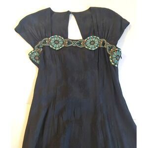 Vtg Carole Little Black Dress 6P Art Deco Coset Back Gold Turq Embroidery Boho